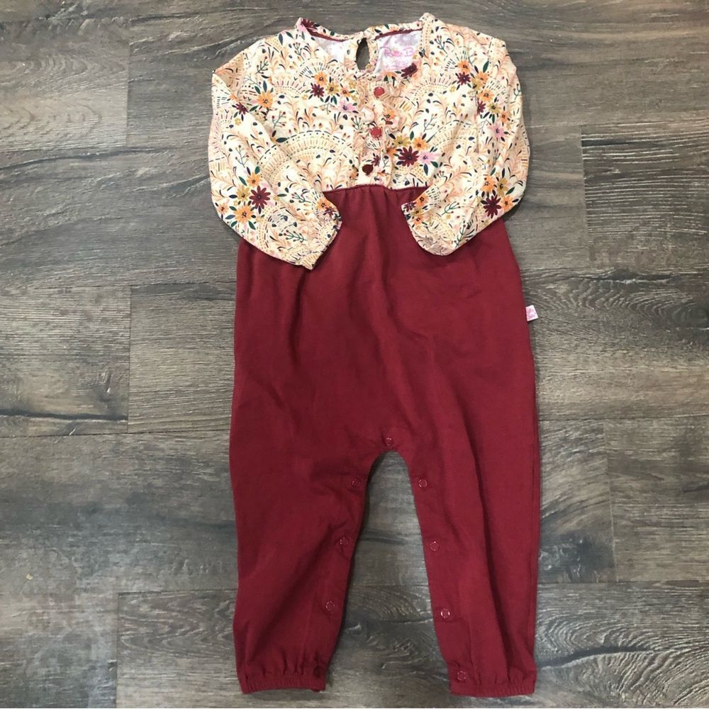 Ruffle Butts Burgundy and Cream Floral Romper
